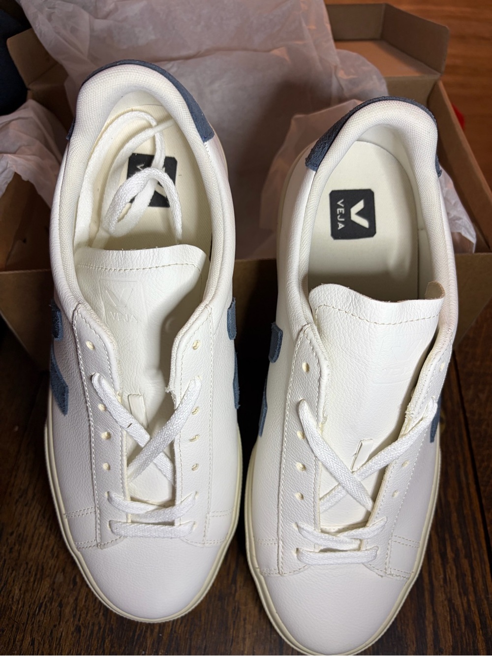 Veja White Leather Sneakers with Navy V Logo - Picture 3 of 8
